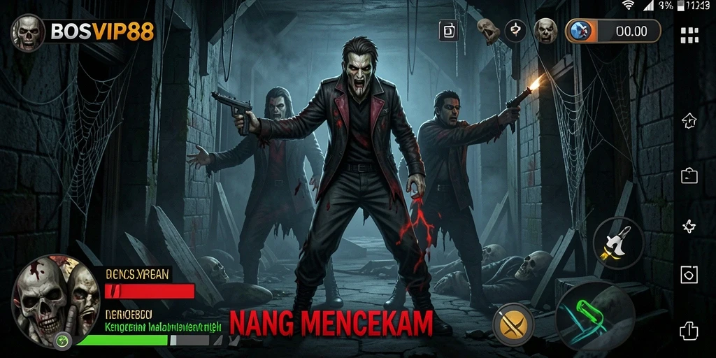 Screenshot gameplay BOSVIP88 menampilkan suasana mencekam dan karakter yang menakutkan.
