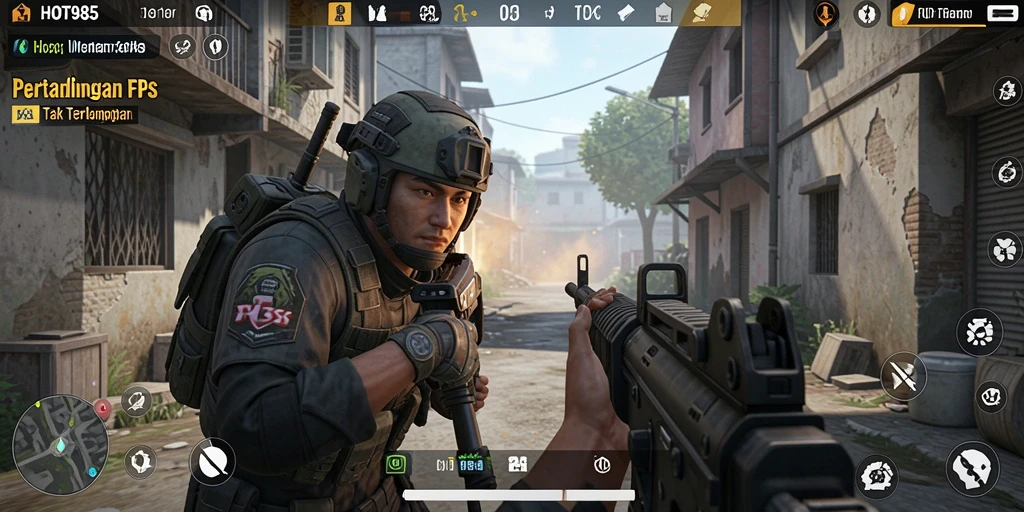 Screenshot menunjukkan aksi seru dalam game FPS HOT985.